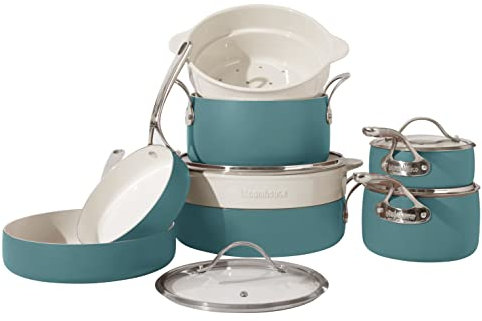 Bloomhouse 12 Piece Aluminum Pots and Pans Cookware Set w/Non-Toxic Ceramic Non-Stick, Ceramic Steamer Insert, & 12 Protective Care Bags - Agave Blue