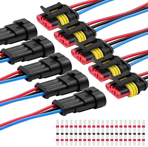 URAQT 3 Polig Kabel Steckverbinder Stecker, 5 Sätze Wasserdichter Stecker Kabel Steckverbinder Stecker mit Kabel 16 AWG Marine für Auto KFZ LKW Kayak Boote Roller Motorrad (mit 20pcs Lötverbinder)