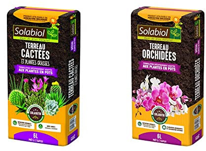 Solabiol TERCAC6 Terreau Cactées et Plantes Grasses 6L | Croissance Vigoureuse | Utilisable en Agriculture Biologique, 6 liters L, Marron, 21 x 50 x 5 cm & TERORC6 Terreau Orchidées, Brun, 6 L