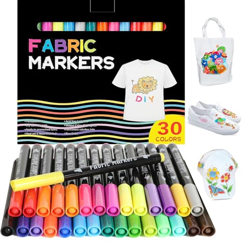 BOZILY 30 Textilstifte Textilmarker Waschmaschinenfest, Permanent Stoffmalstifte Stoffmalfarben Waschfest Textilfarbe Stifte Textilmalstifte Stofffarbe für T shirt, Stoffbeutel zum Bemalen Schuhe