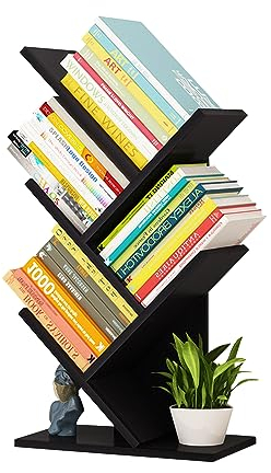 Baumform Bücherregal, 5 Ebenen Baum Raumteiler Regal, Holz CD DVD Bücher Zeitschriften Aufbewahrungregal, Standregal Bücherregal für Wohnzimmer Arbeitszimmer Kinderzimmer Büro (Schwarzes Walnussholz)