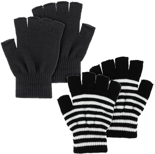 WLLHYF Mitaines Mitaines Mixte 2 Paires Hiver Extensible Tricoté Demi Doigt Tactile Mitaines Mitaines Doigts Poignée Mitaines Temps Froid Thermique Chaud pour Hommes Femmes, Noir + rayures noires et
