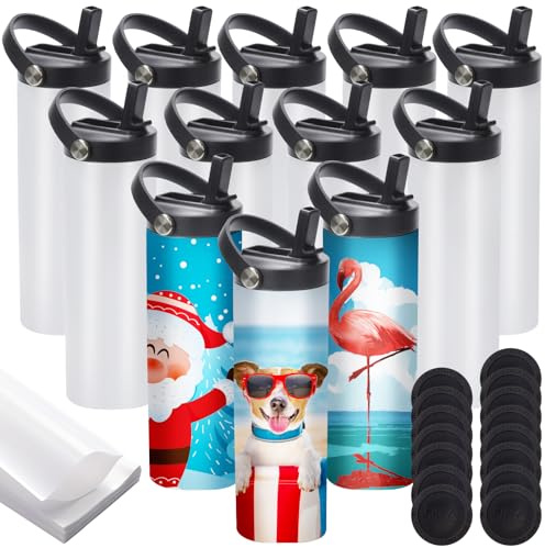 12 Pack Sublimation Tumblers Flat Edge Blanks Skinny Straight 20 oz, Stainless Steel Double Wall Insulated Sublimation Water Bottles with Portable Handle & Straw Lids for Heat Transfer, White