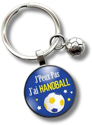 Porte-clés hand « J'peux pas, j'ai handball » avec cabochon et breloque balle – cadeau pour handballer - création