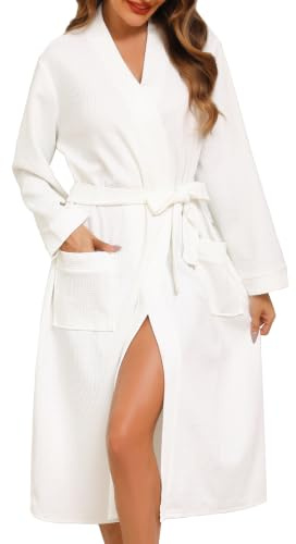 Vlazom Waffle Dressing Gowns Lightweight Kimono Robe Cotton Soft Bathrobe for All Seasons Spa Hotel Nursing Pregnancy S-XXL