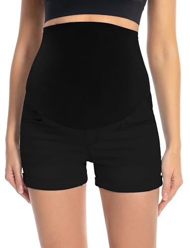 Gowjog Short en Jean de Maternité Short de Grossesse Shorts Court pour Taille Haute Ourlet Revers L'été Shorts de Grossesse (Noir, S)