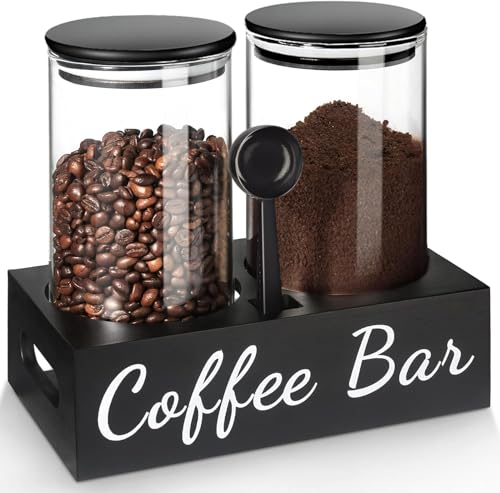 Audest Kaffeedose Luftdicht 1kg Bohnen, 1,48-Liter Kaffeedose Schwarz mit Deckel/Schaufeln/Holzrahmen/Etiketten, 2er-Pack Kaffeedose Retro für Kaffee Bar Theke gemahlener Kaffee Tee