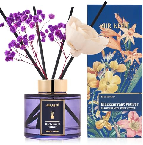 Airkeep Difusor de Aromas 150ml, Blackcurrant Vetiver Reed Diffuser Set, Rose Difusor De Fragancia, Ambientador para Habitaciones, Baños, Oficinas, Armarios