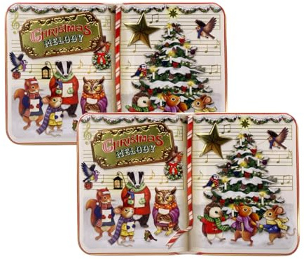 Set om 2 plåtburkar från your castle, små rektangulära burkar, julmelodi, kakburkar, dekorativ låda för julkakor, förvaring för chokladpraliner, volym: 400 ml. Mått: 14,5 x 9 x 5 cm.