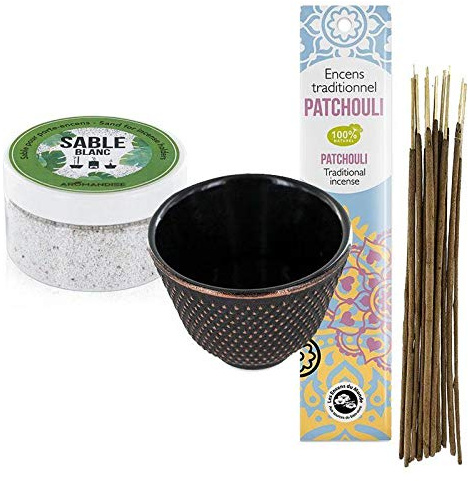 Porte-encens coupelle en Fonte Noire + Sable Blanc + Encens Indien au Patchouli