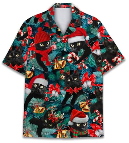 HIHI GLOBAL Camicia hawaiana per le vacanze da uomo e da donna, camicie hawaiane natalizie estive da spiaggia a maniche corte con bottoni, Gatto di Natale 3, M