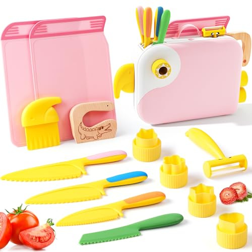 Yeeammk 13PCS Toddler Knife Set with Playful Bird Organizer, Montessori Real Cooking Tools for Kids with Safe PP Material for Educational Fun (Pink)