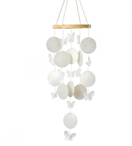 Carillón de Viento - Concha Mariposa Campanillas de Viento - Boho Carillón de Viento de Nácar, Decoración Carrillones para Jardín, Decoración para Ventana, Sala de Estar, Terraza y Balcón (Blanco)