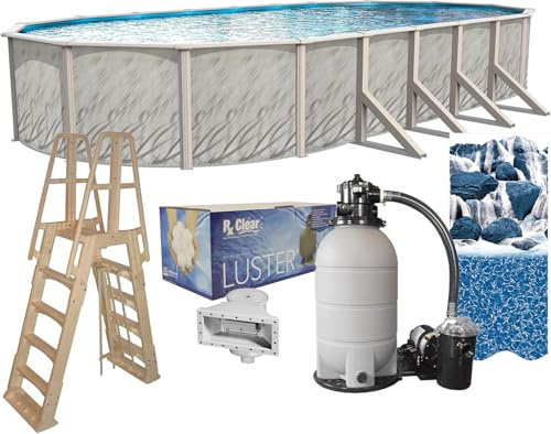 Lake Effect Pools 'Meadows Reprieve' 12 ft x 18 ft Oval Above Ground Swimming Pool Bundle | 52 Inch Steel Sided Walls | Kit Includes: 25 Gauge Liner, A-Frame Ladder, Sand Filter/Pump, & Skimmer