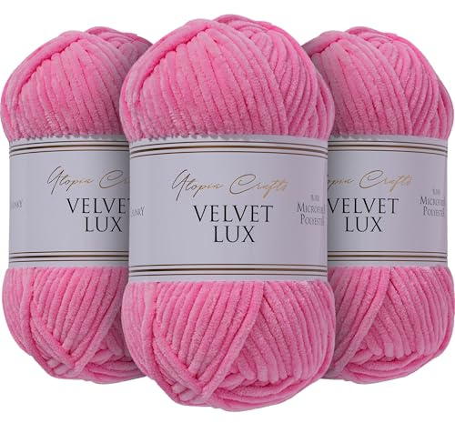 Utopia Crafts Velvet Lux Chenille Super Soft Chunky Yarn for Knitting and Crochet 3x 100g (Tulip Pink)