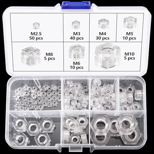 Lyeteung 150 Piezas M2.5/M3/M4/M5/M6/M8/M10 Tuercas Hexagonales Plástico, Tuerca Hexagonal de Nailon, Tuerca Hexagonal de Nailon de Rosca Gruesa Métrica, Transparente