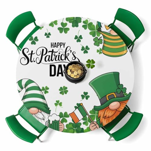 St. Patrick's Day Round Fitted Tablecloth with Elastic Edge, Cute Funny Green Gnomes Beer Flag Horseshoe Shamrocks Waterproof Oil-Proof Table Cover for Outdoor Indoor Fits 36 - 44 Diameter Tables