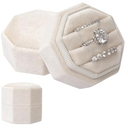 DIELOVEHUA Scatola per Anelli in Velluto, Beige Velluto Scatola Anello, con 3 Scomparto, Semplice e Elegante, per Anello di Fidanzamento, Per Proposta, Matrimonio, Anniversario