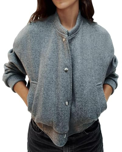 OUTTA BOX Women’s Wool Look Bomber Jacket, Button Up Baseball Coat with Stand Collar, Oversized Casual Outerwear for Autumn Winter Christmas
