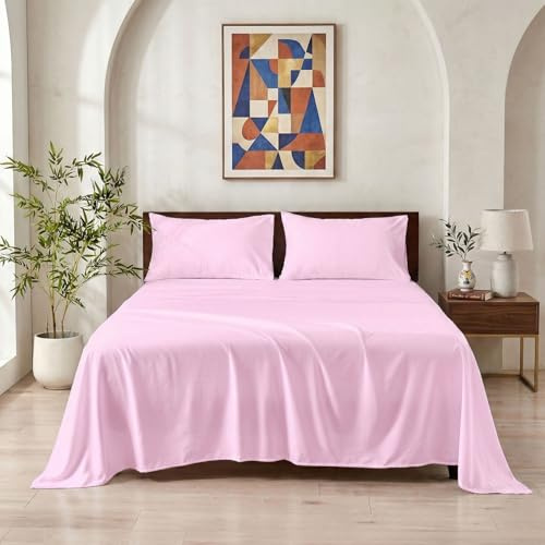 Meteorwi Home - Juego de Sábanas Cama 150 cm 4 Piezas, Microfibra Suave y Transpirable, Sábana Bajera Ajustable hasta 30 cm, Encimera y 2 Fundas de Almohada. (4-Rosa, Cama 150cm)