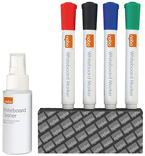 Nobo, Set 6 pezzi accessori per lavagne bianche, Kit per pulizia e cura della lavagna, Confezione da 4 pennarelli cancellabili a secco, Cancellino, Spray pulizia da 50ml, Colori assortiti, 1903798