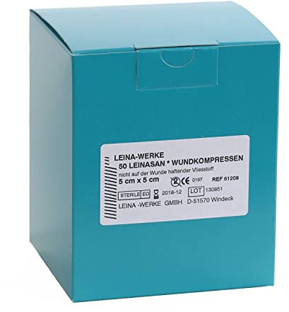 LeinaSan Sterile Wundkompressen / Vlieskompressen, nicht wundverklebend, sehr weich, Größe:5cm x 5cm - 50Stck.