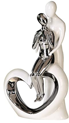 GILDE Moderne Deko Skulptur Figur - Romanze - aus Keramik - weiß-Silber - Höhe 33,5 cm Breite 19,5 cm