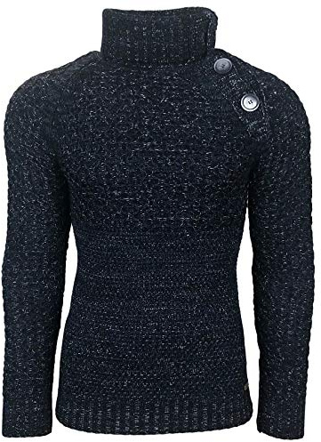 Rusty Neal - Pullover Homme Col Montant Boutonner a Pull Hiver Chiner Tricot Grosse Maille Gros Bouton 13338,XXL,Bleu