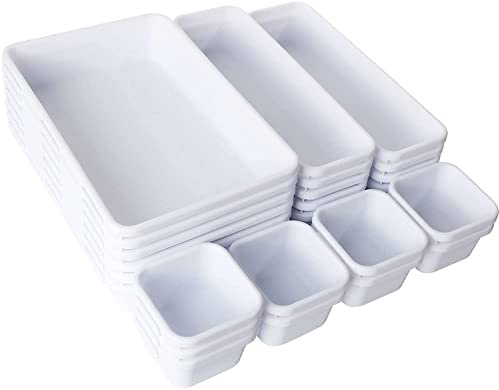 GOYADA 24 Pcs Organisateur de Tiroir Bureau, Organisateur Tiroir Cuisine en Plastique Rangement Tiroir Bureau Blanc avec 3 Tailles Plateaux Rangement de Tiroir pour Bureau et Maison