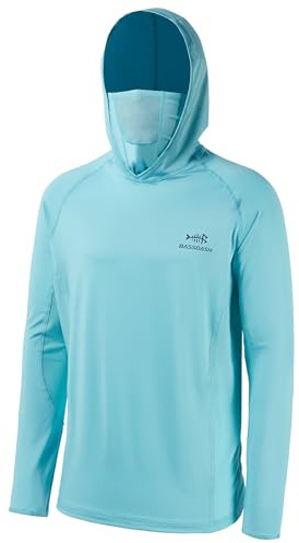 Bassdash - Maglia a Maniche Lunghe da Uomo con Protezione UPF 50+ e Maschera facciale incorporata, Scaldacollo e Cappuccio, Ideale per la Pesca