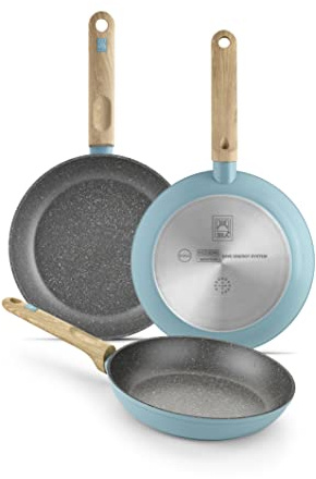 BRA Nordik | Set mit 18–22–26 cm großen antihaftbeschichteten Bratpfannen aus geschmiedetem Aluminium im nordischen Design, geeignet für alle Herdarten, einschließlich Induktion, Farbe Türkis