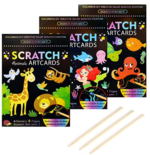 3Set Scratch Paper Art for Kids, Colorful Magic Drawing Book for Children Girls, Rainbow Scratch Off Craft Painting Book with 3 Scratch Pen for Birthday Party Games, DIY Projects Kits Craft Gifts