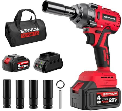 SEYVUM Impact Wrench,1/2 Impact Gun, Power Impact Driver Max Torque 320 Ft-lbs (430N.m), Cordless Impact Wrench with 20V Brushless Motor, 4.0Ah Li-ion Battery with Fast Charger, 4 Pcs Impact Sockets
