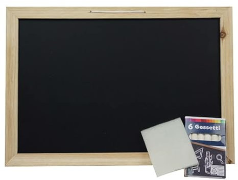 Virsus Lavagna nera per gesso con cornice in legno 5894, misura 35x25, con 6 gessetti bianchi e una spugna cancellino, lavagnetta per bambini, per scrittura, disegno, appunti, promemoria