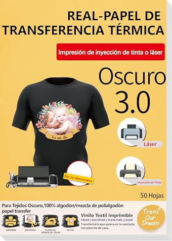 TransOurDream-Marca de confianza.Papel de Transferencia para tejido oscuro,Mejora 3.0,A4 50 Hojas Papel Transfer Para Impresora de Inyección de Tinta o Láser,Perfecto para Fiesta. ES-3-3.0-50
