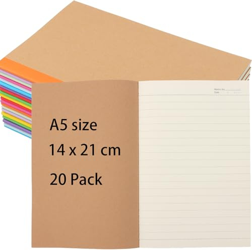 ZOENHOU Confezione da 20 quaderni formato A5, 60 pagine con copertina in carta kraft marrone, a righe, quaderni multicolore per scrivere, diario, schizzi, prendere appunti, 14 x 21 cm