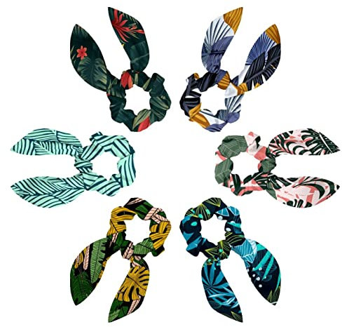 6PCS Hair Scarf Scruncheis for Women Girls, Ribbon Bow Elastic Hair Ties Bands Satin Hair Ribbon Scrunchy Ponytail Holder Accessories,Seamless Tropical Palm Leaves