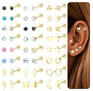 LOLIAS 24 par 20 g platt baksida örhängen kirurgiskt stål skruv tillbaka knoppörhängen små CZ opal månsten turkos boll stjärna hjärta pärla blomma små örhängen små silverörhängen för kvinnor flickor