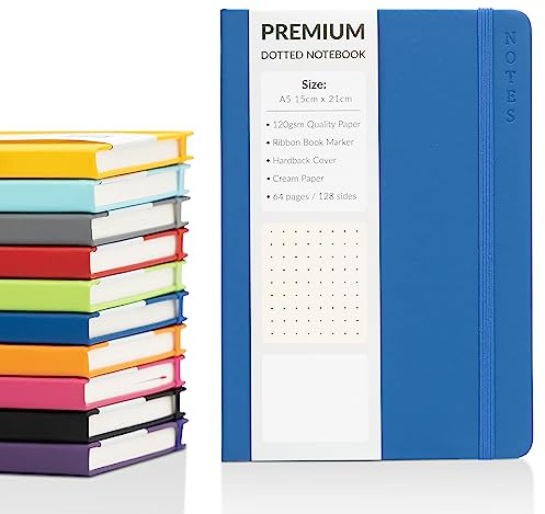 evelay Bullet Journal A5 prickad anteckningsbok med inbunden konstläder och premium 120 gsm tjockt prick rutnät papper (128 gräddfärgade sidor, marinblå)