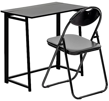 Harbour Housewares Deluxe Folding Wooden Desk & Chair Set - Black/Black Small Portable Home Office Foldable Desk and Chair Set Workstation for PC, Laptop Study