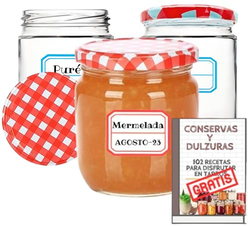 Awiku 12 Tarros de Cristal de 250 ml con Tapa de Rosca Hermética de Metal + Ebook de 102 Recetas - Tarros para potitos, Conservas, Postres, Mermelada, yogur, salsas - Incluye Etiquetas