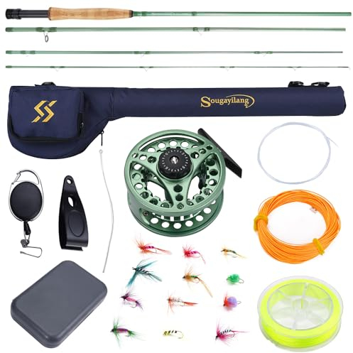 Sougayilang Fliegenfischenrute und Rollen Combo, 4-teilige leichte tragbare Graphit Fliegenrute und CNC-gefertigte Aluminiumrolle Komplettpaket mit Rutenhülle-G-5/6