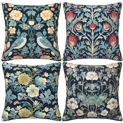 LOHDALOLF Fågel blommigt kuddöverdrag 45 x 45 cm set om 4 rustika blommiga prydnadskuddfodral lantgård dekorativa kuddöverdrag för soffa vardagsrum hem