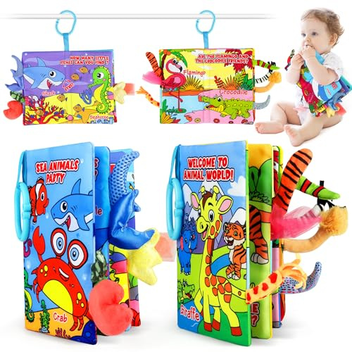 Helsort 2PCS Crinkle Cloth Books - High Contrast Sensory Toys Touch Feel Book for Tummy Time, Infant Travel Essentials Forest Ocean Themes, and Newborn Development Toys 0-18 Months