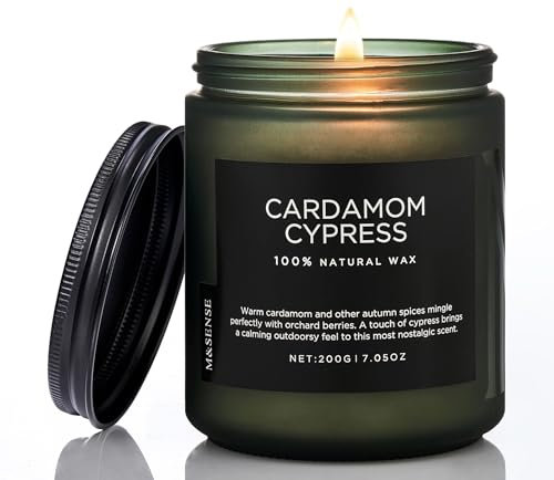 M&SENSE Cardamom Cypress Organic Soy Scented Candles Gifts for Men 200g 50H Burn Time Small Jar Candles Gifts for Women Single Wick Non Toxic Candle for Evenings Relaxation Home Decor