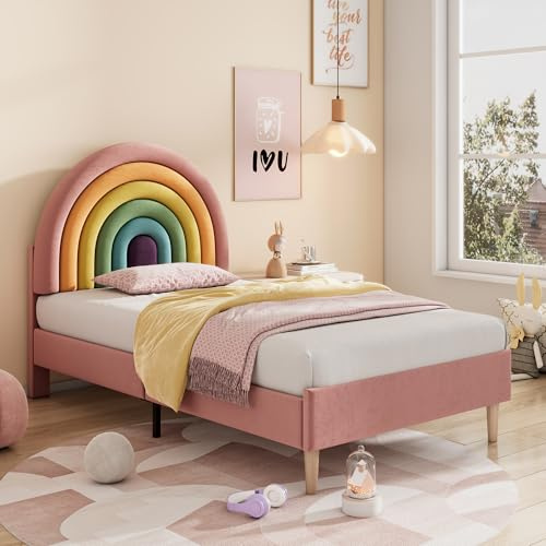 MQLAE Upholstered Bed Frame, Single Youth Teenager Bed with Adjustable Headboard, Platform Bed Frame, Solid Wood Slat/Easy Assembly/Velvet/Comfortable Backrest, Pink