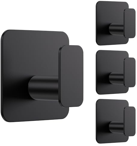 Aikzik Large Self Adhesive Hooks 4 Pack, Over 10kg Load - Stick on Hooks Heavy Duty Stainless Steel, Strong Sticky for Hanging Towel, Coat, Robe, Tea Towel Holder for Door or on Wall - Black