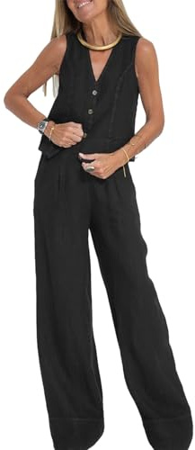 Women's 2 Piece Outfits Linen Vest Waistcoat Dressy Casual Sets Wide Leg Pants Suits (Black, L)