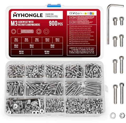 900 Pcs M3 Nuts and Bolts Set, Hex Socket Head Cap Screws Bolts and Nuts Set, Assorted Bolt and Nut Set with Washers, Stainless Steel Machine Screws Assortment Kit for Repair Fastener (M3-900)
