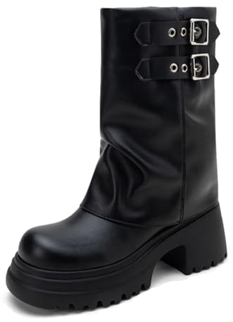 Lizoleor Moda Tacco a Blocco Plateau Senza Chiusura Donna Stivali a Metà Polpaccio Punk Personality Fibbia con Risvolto Warm Inverno Punta Rotonda Nero Numero 40 EU/41Cn